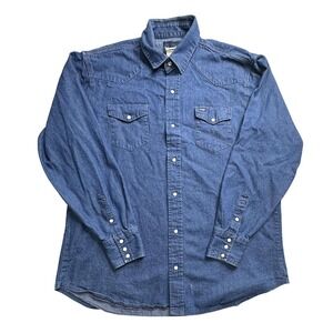 VTG Wrangler Shirt Mens 2XL Tall Blue Denim Western Pearl Snap Long Sleeve 2000s